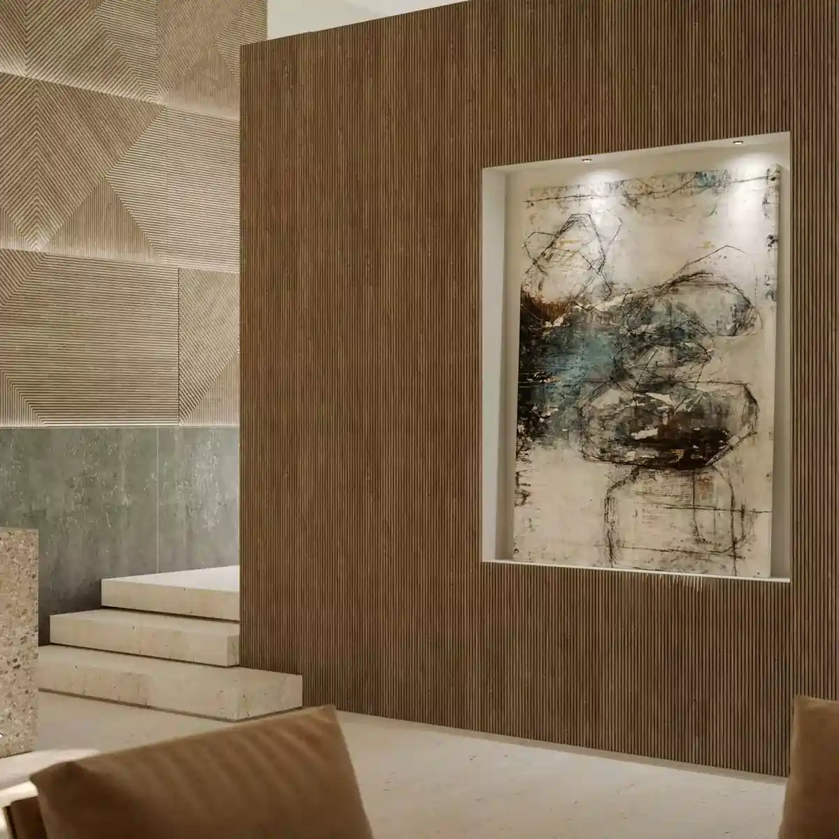 Close-up view of various 3D wall panel textures and materials showing budget-friendly design options for 2024