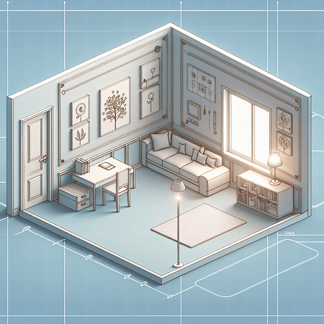 sketch of room layout with 3D wall decals placement