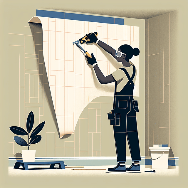 trimming excess 3D wallpaper at the baseboard and ceiling