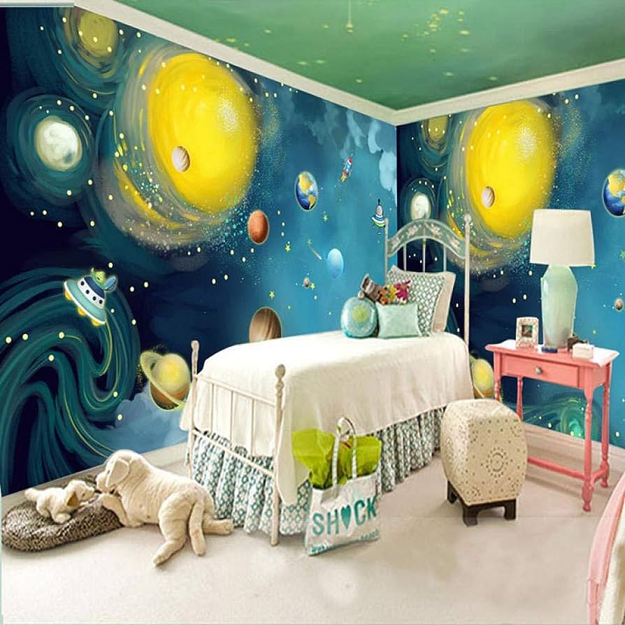3D space themed wall decor in a children\'s room