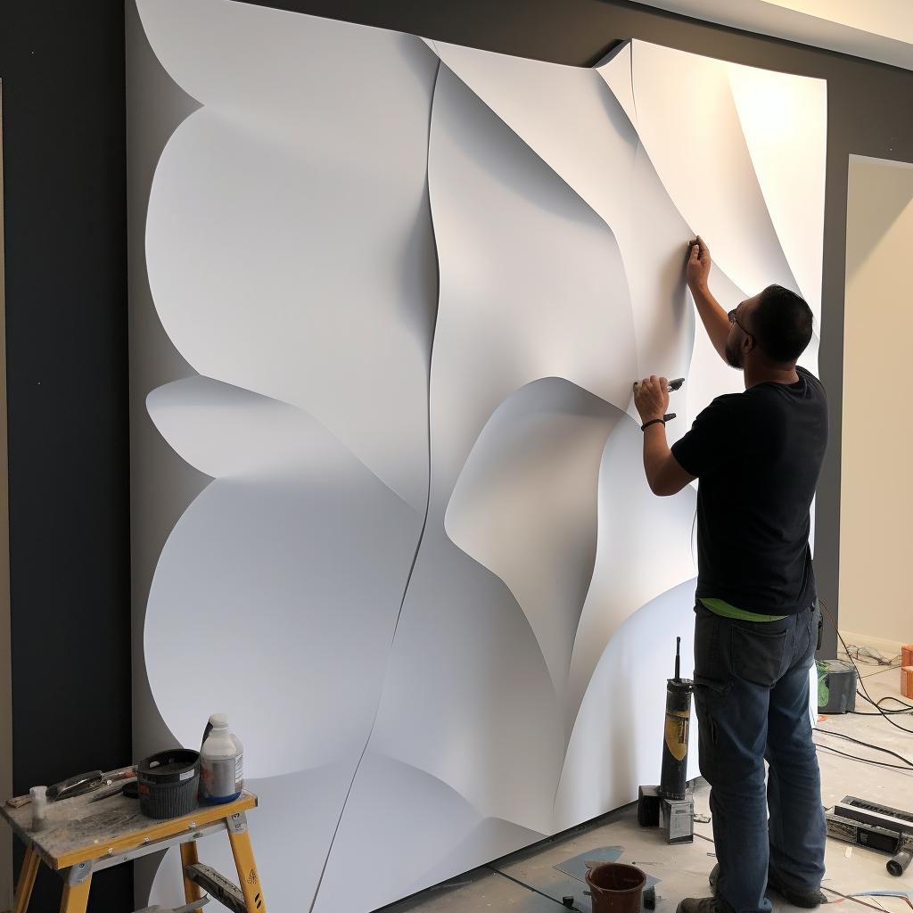 Final touches being added to installed 3D wall panels.