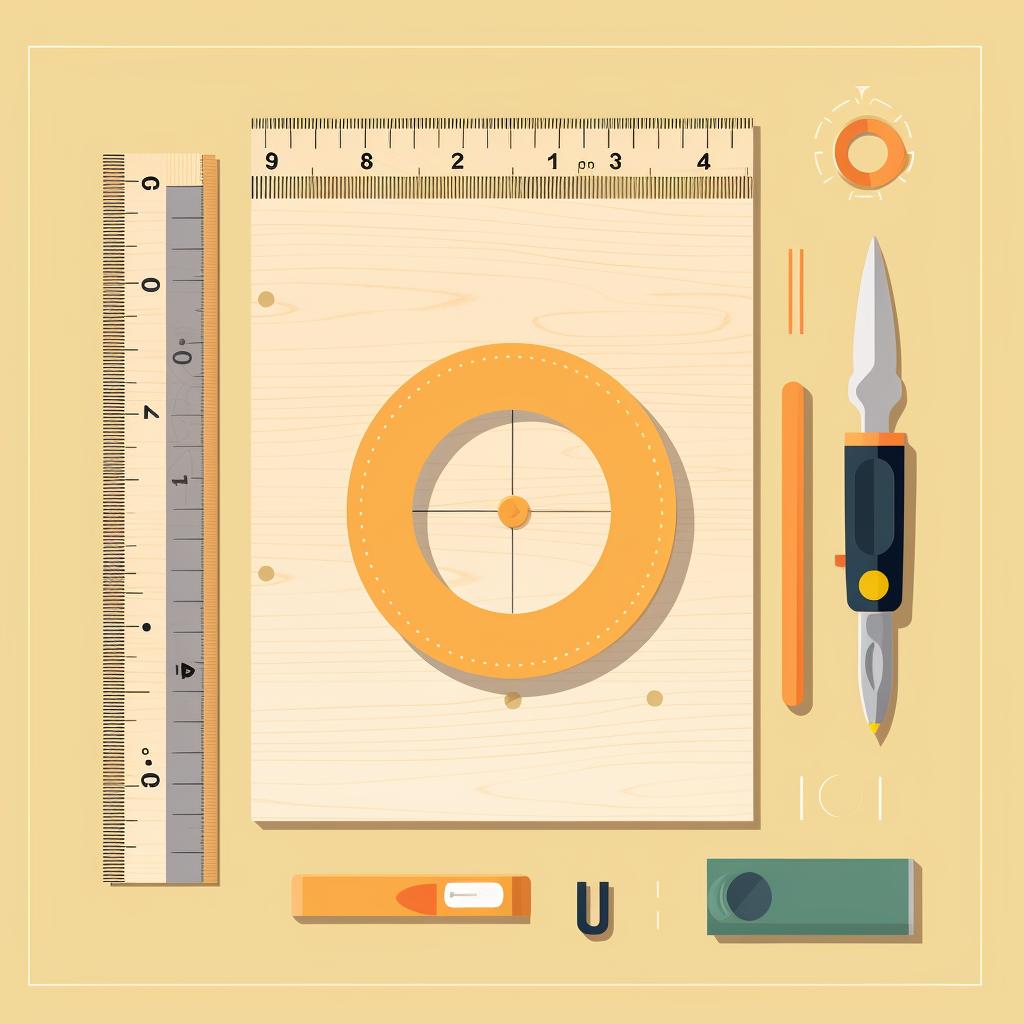A flat surface with a level, measuring tape, pencil, adhesive, and a saw neatly arranged.