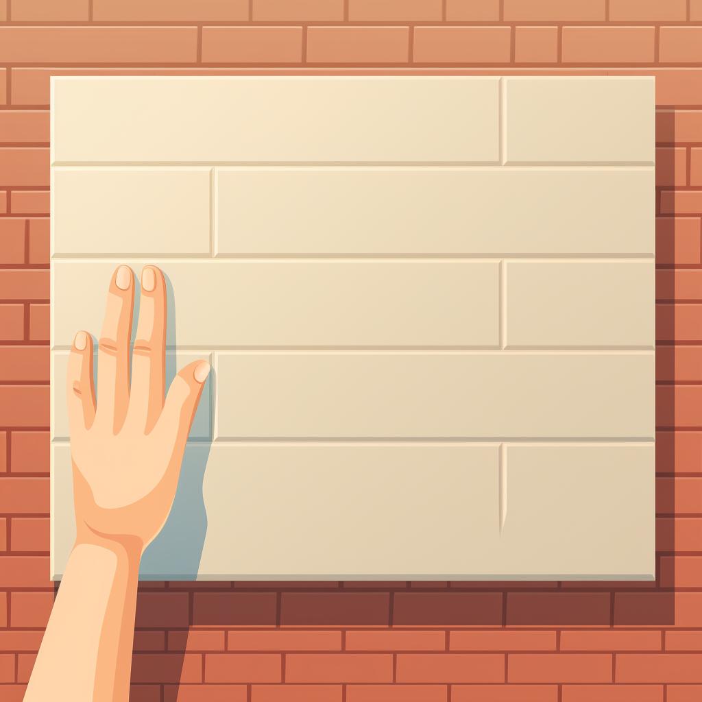 Hands pressing a 3D wall panel onto a marked wall.
