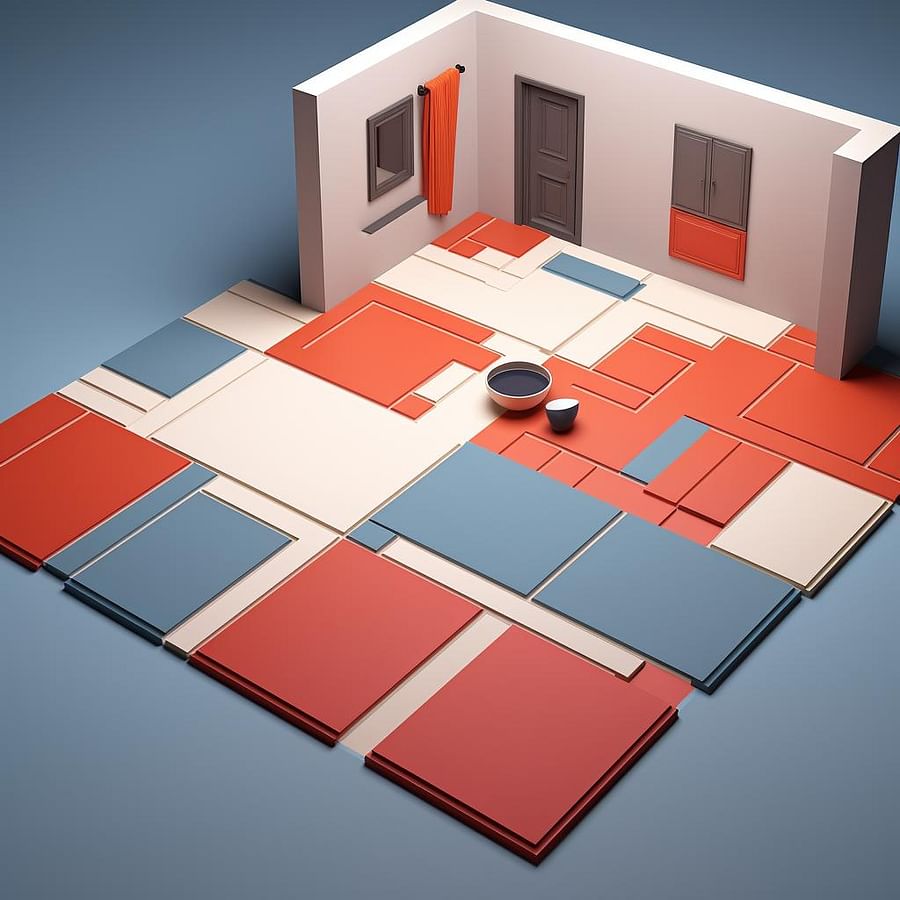 3D panels laid out on the floor in a planned design