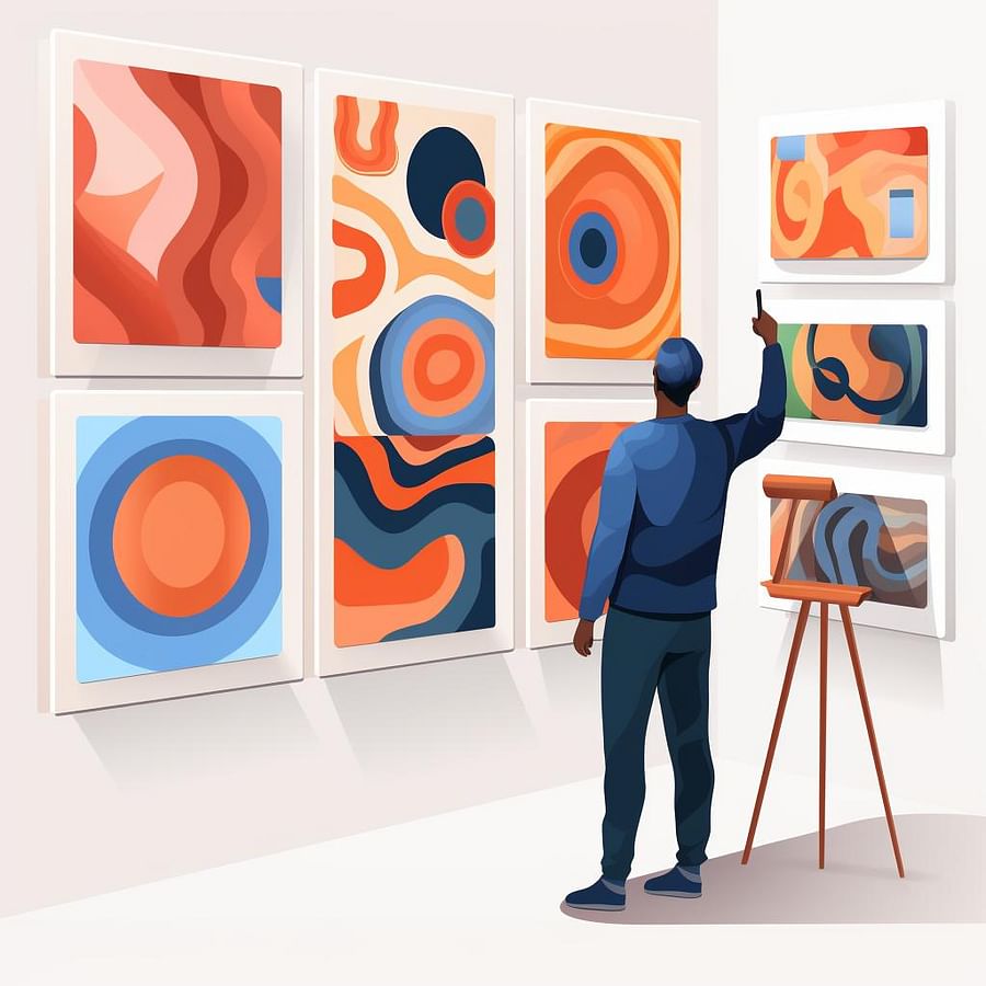A person choosing a 3D wall art piece that matches their living room's color scheme