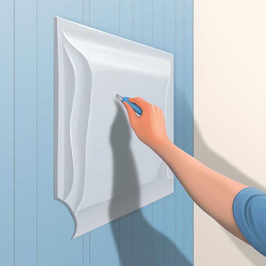 Applying adhesive to the back of a 3D wall panel.