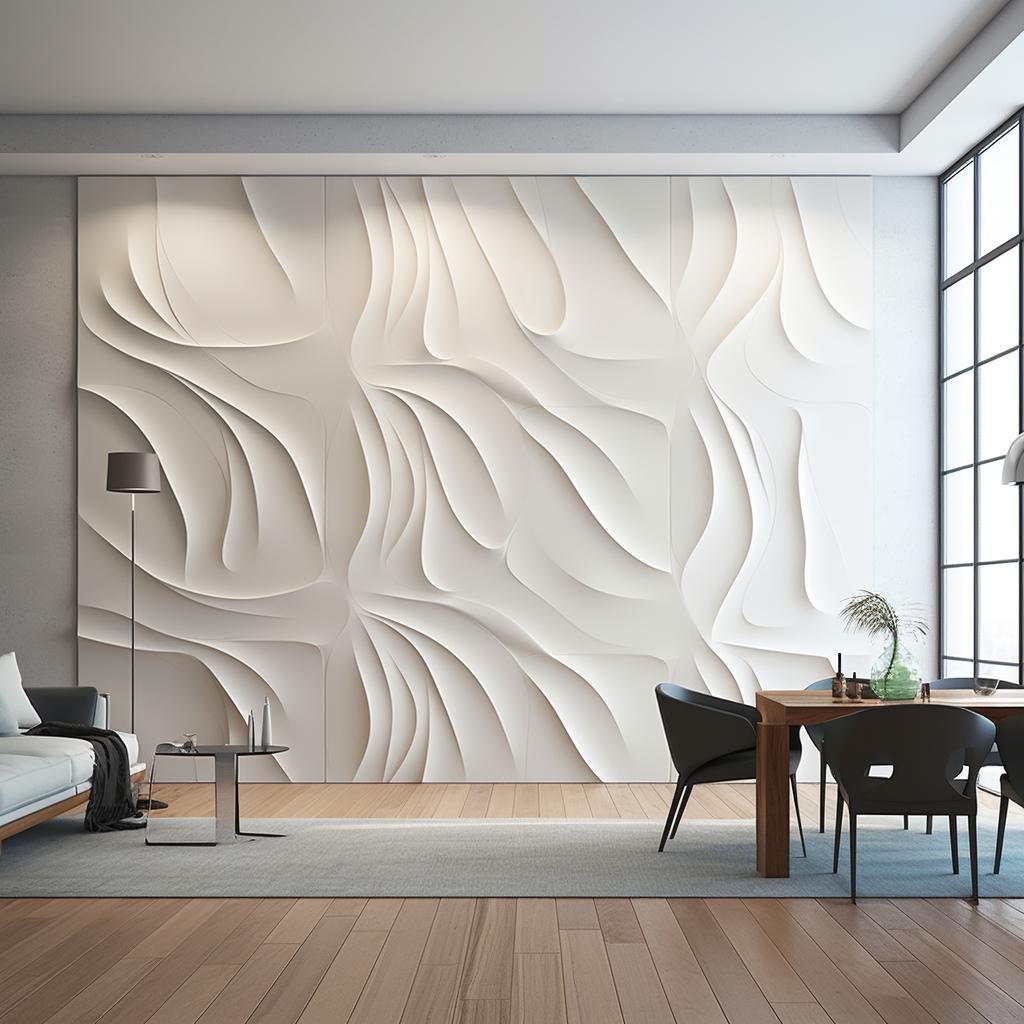 Multiple 3D wall panels being installed on a wall