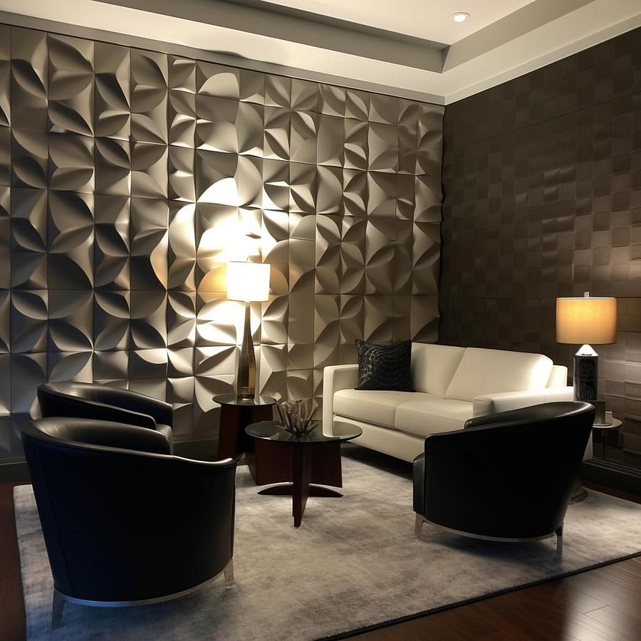 A beautifully decorated room showcasing a custom 3D wall panel pattern as the focal point, with accent lighting highlighting the texture and shadows. The room is well-balanced with complementary geometric-shaped decor pieces and a neutral wall color, demonstrating the perfect integration of the 3D wall panels into the home decor.