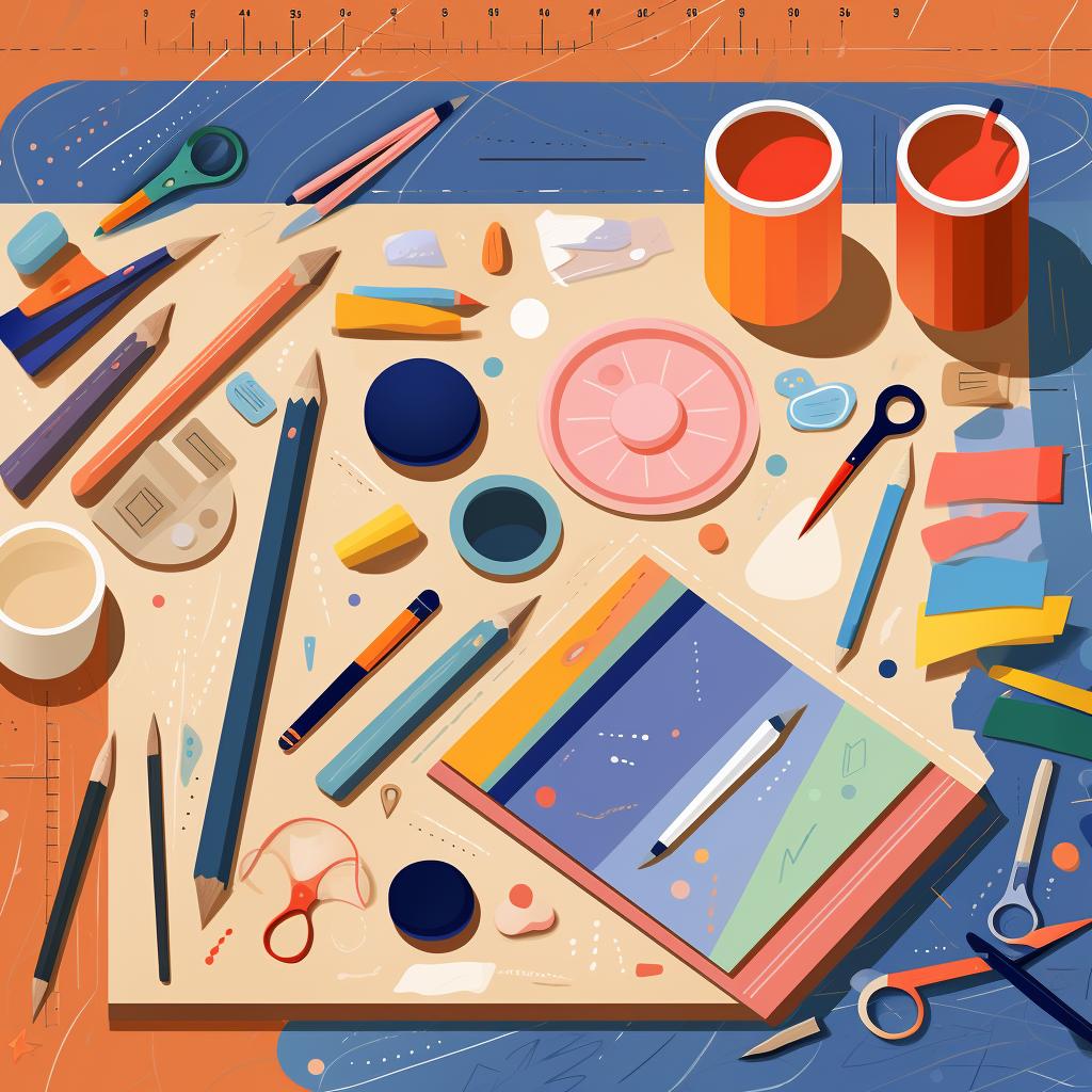 A collection of cardboard, pencil, ruler, scissors, glue, and paint on a table.