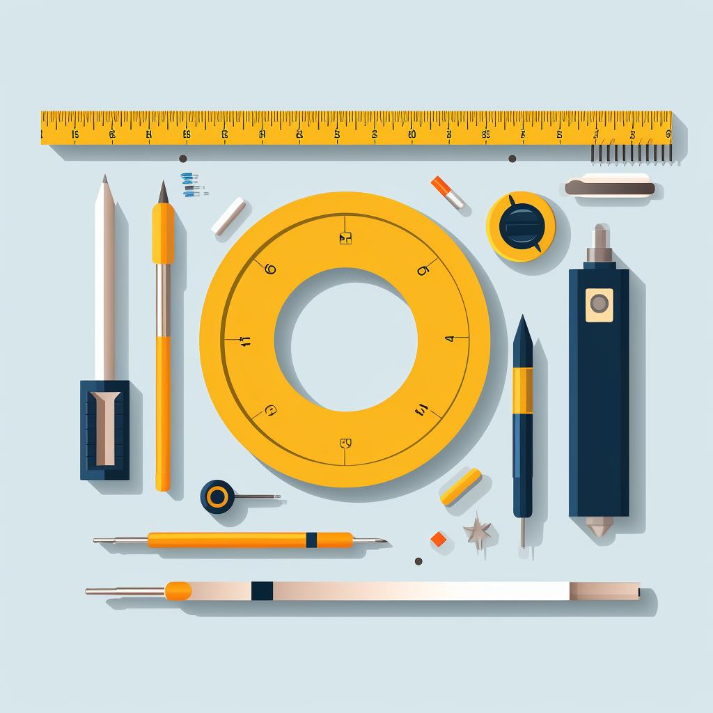 Tools arranged on a table including measuring tape, pencil, level, adhesive, and cutting tool.